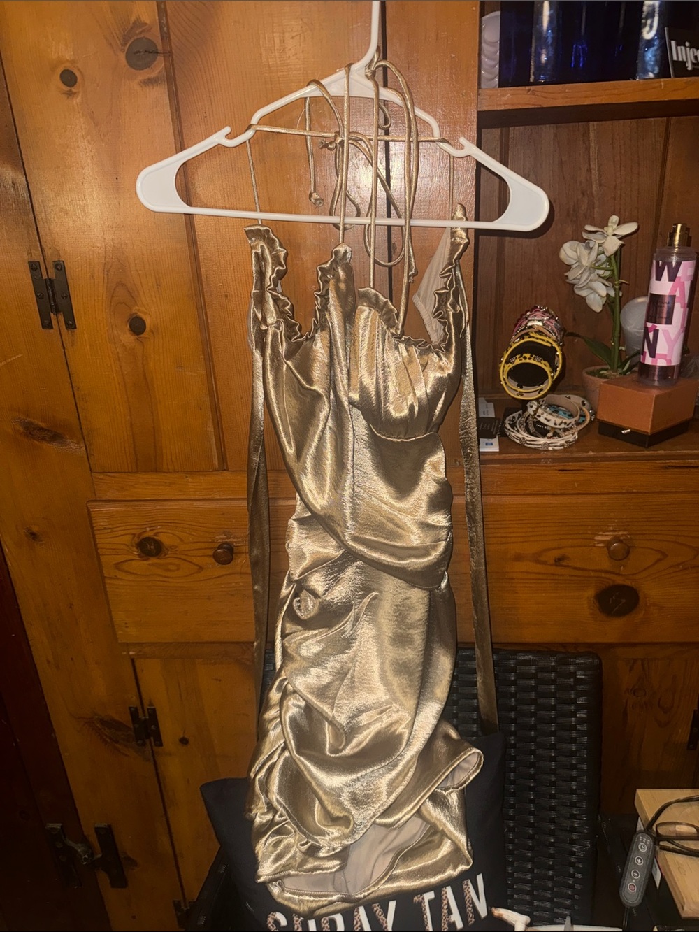 Metallic Gold Mini Slip Dress with Ruched Detail
